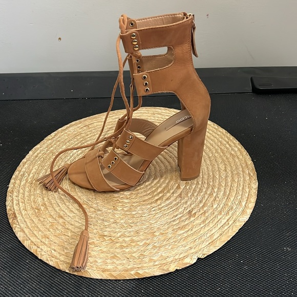 Aldo Cognac Brown Leather Suede Gladiator Heel Sandals Size 6.5 - Picture 12 of 16
